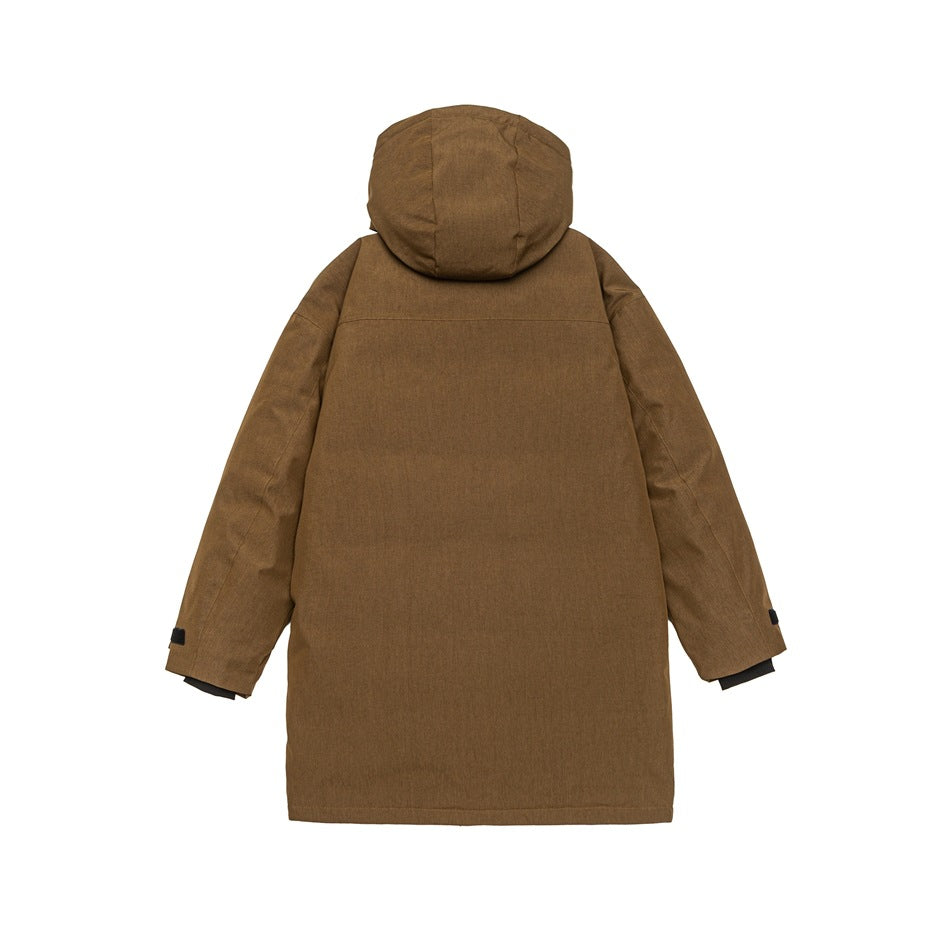 Back view of a long brown hooded coat with plain panels and adjustable cuffs, on a white background.
