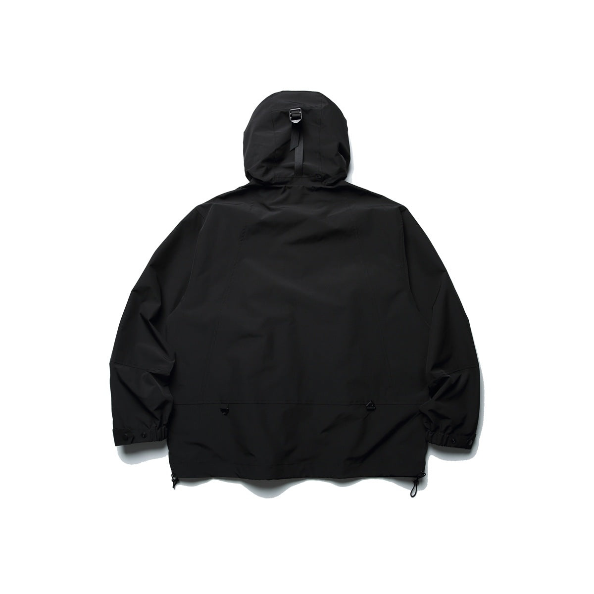 Back view of a black hooded jacket with adjustable cuffs and hem.