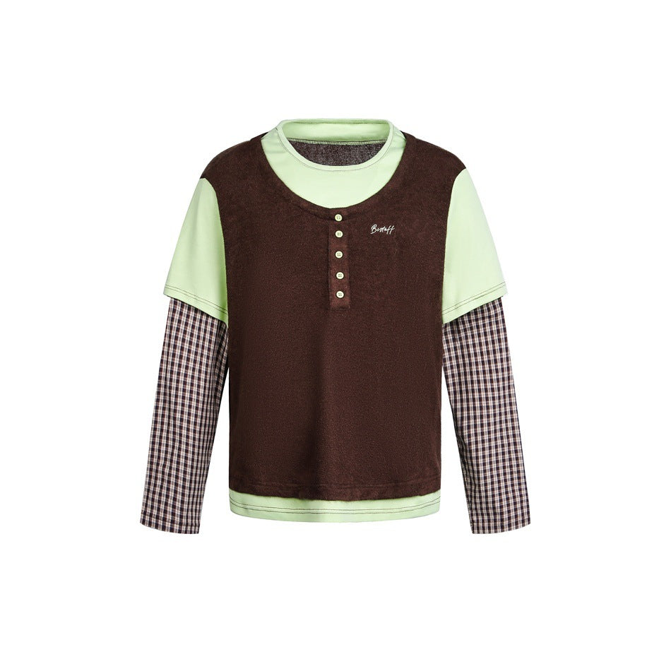 Coffee brown textured Henley top with light green contrast layer and plaid long sleeves, front flat view