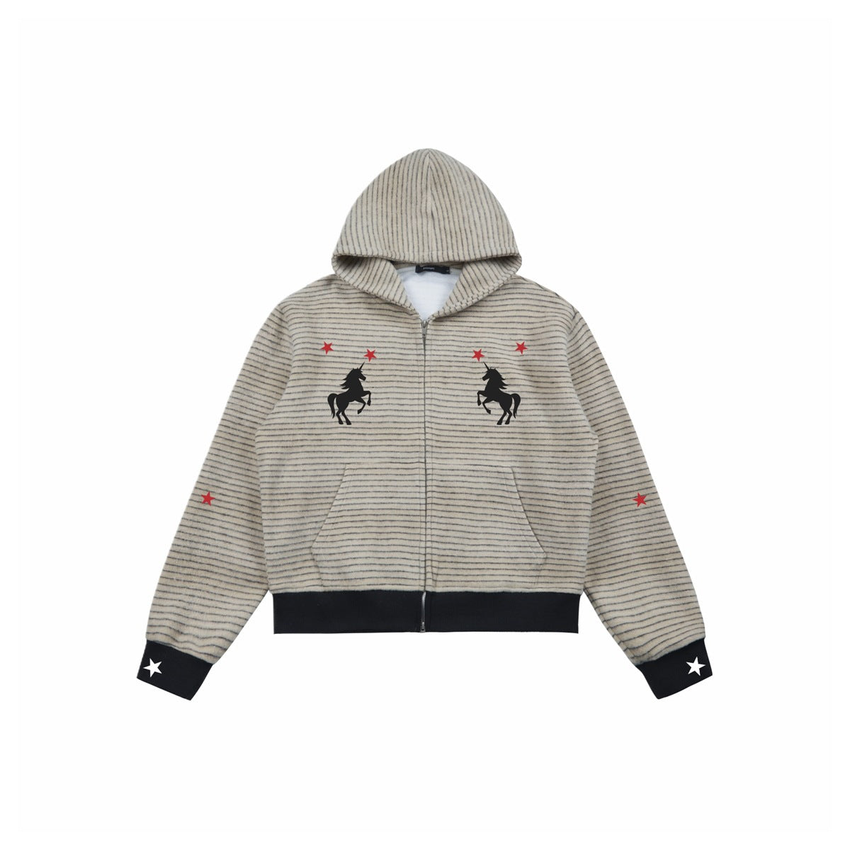 Light khaki striped zip-up hoodie with black ribbed hem and cuffs, black unicorn prints and red and white stars, flat lay