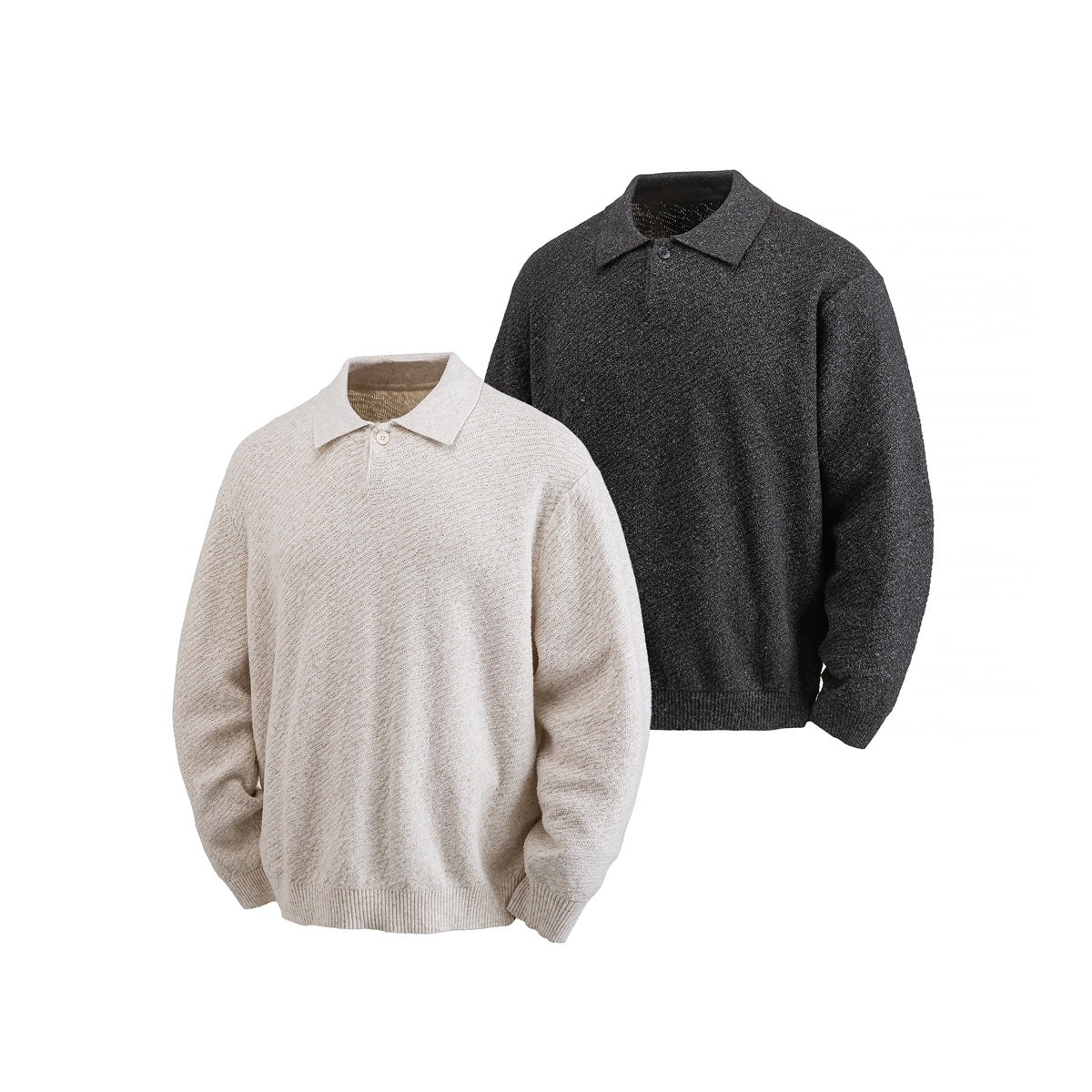 Two long-sleeve collared knit pullovers shown from the front in cream and charcoal.