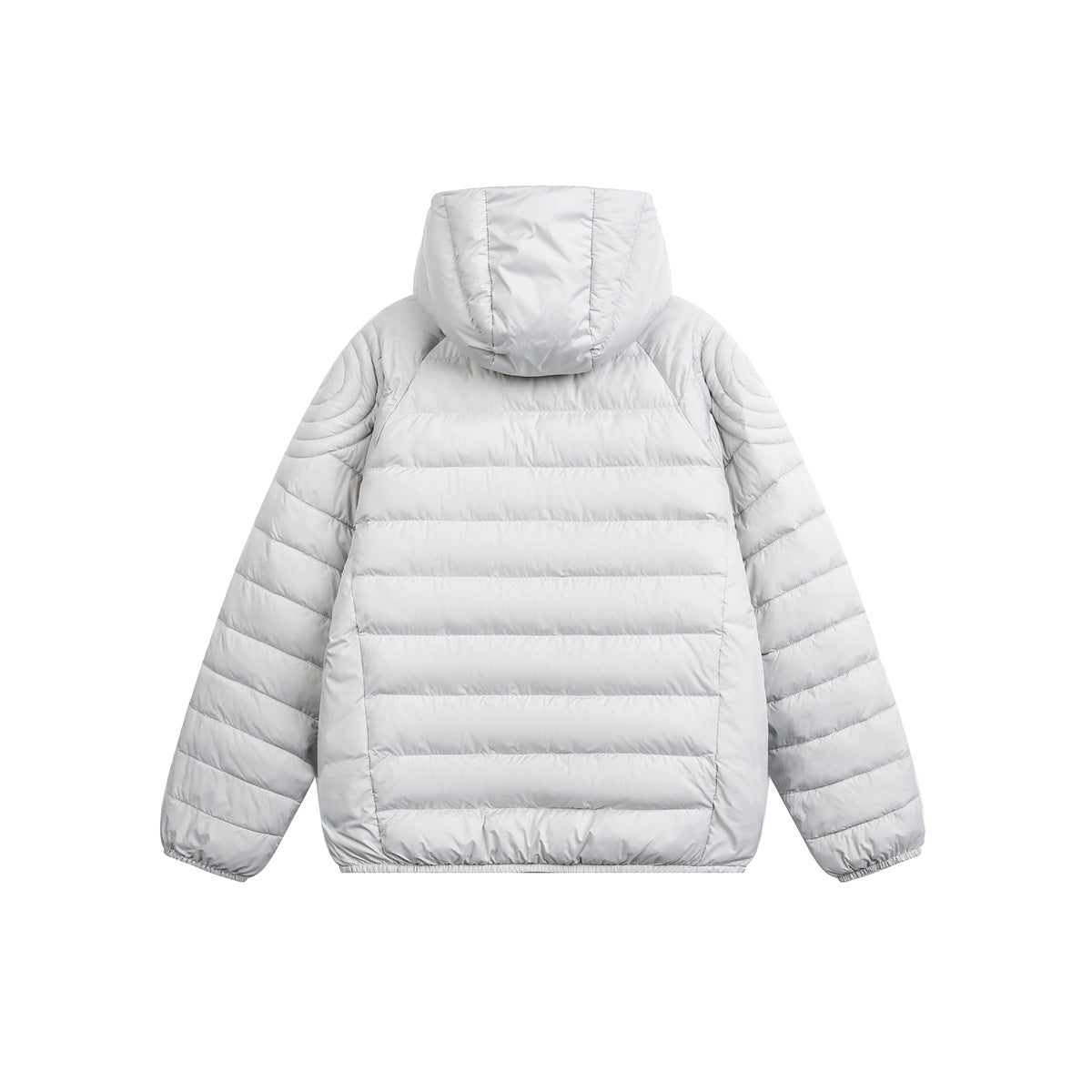 Back view of a light gray hooded puffer jacket with horizontal quilting and elasticized cuffs.