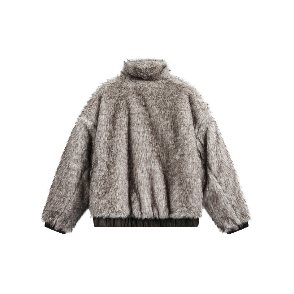 Back view of a gray-brown faux-fur jacket with a stand collar and black ribbed hem and cuffs.