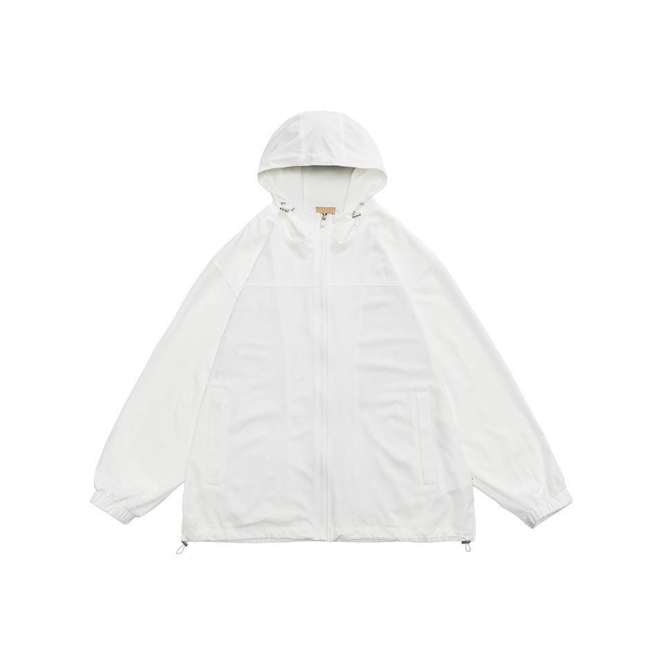 White hooded zip-up jacket laid flat, front view with drawstring hood, slit pockets, elastic cuffs and drawcord hem
