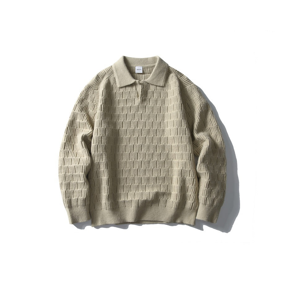 Khaki textured knit polo-collar sweater with V placket and ribbed cuffs, laid flat, front view