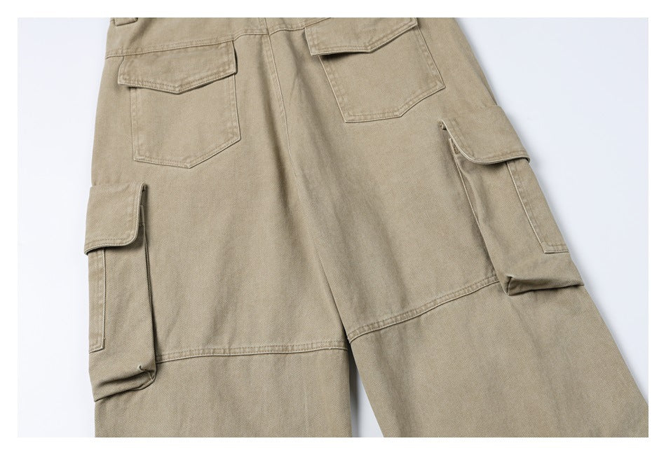 Cropped rear and side view of khaki cargo pants, showing back pockets and large flap cargo pockets.