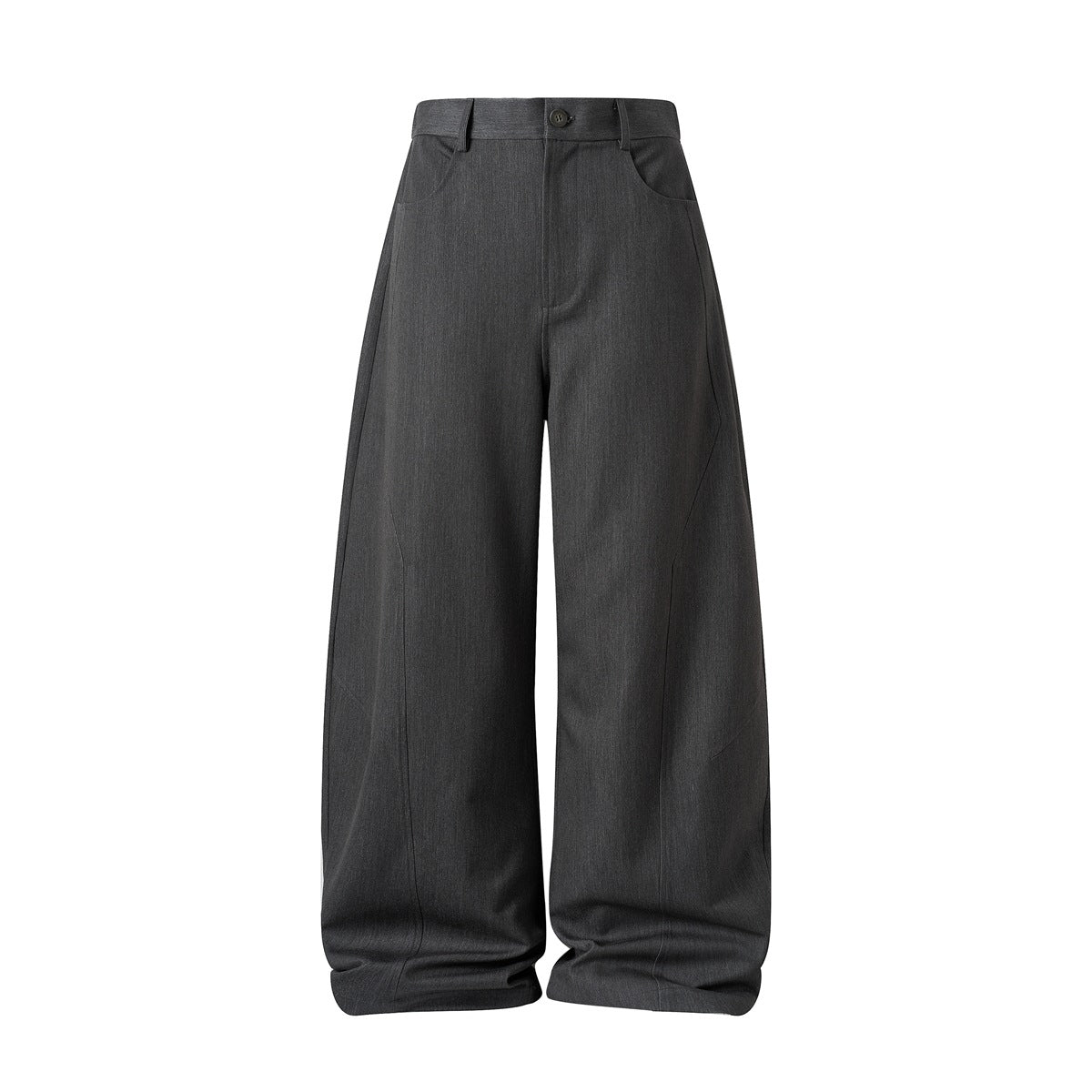 Dark gray wide-leg trousers, front flat view with button closure, belt loops and slanted front pockets