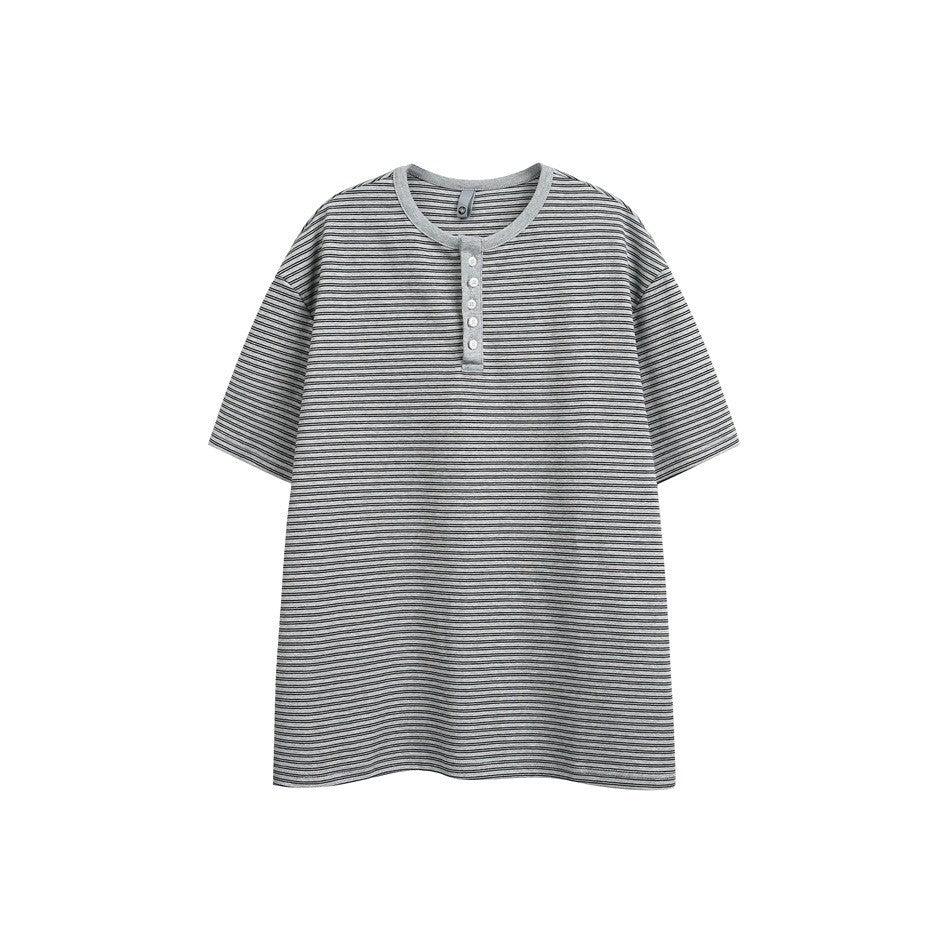 Gray striped short-sleeve Henley T-shirt with five buttons and gray ribbed collar, flat front view