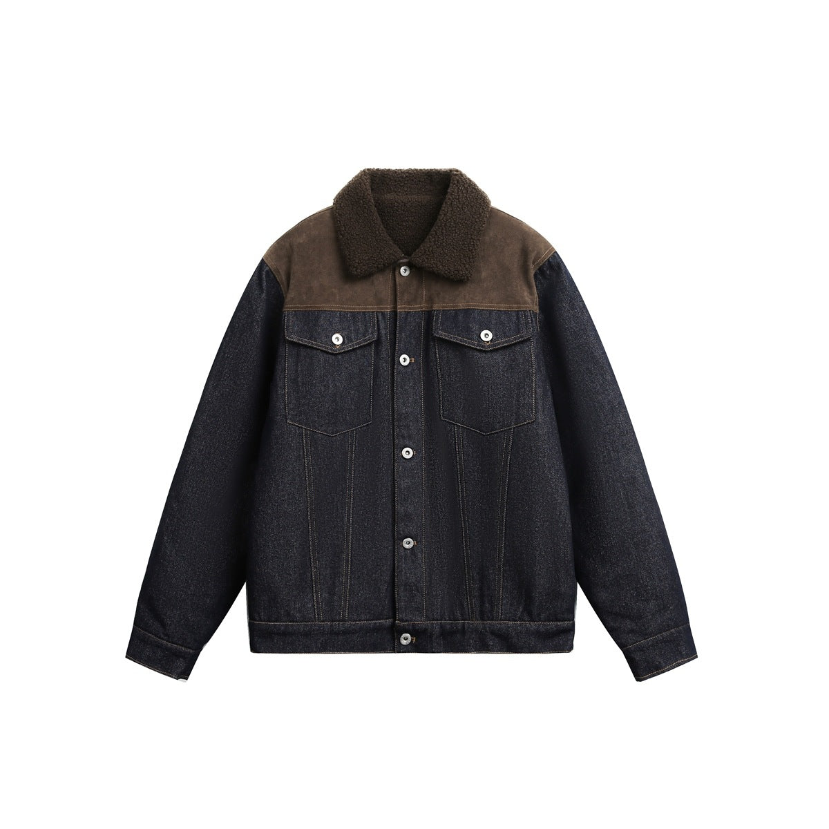 Dark indigo denim jacket with brown suede-look yoke and brown fleece-like collar, front view on white background