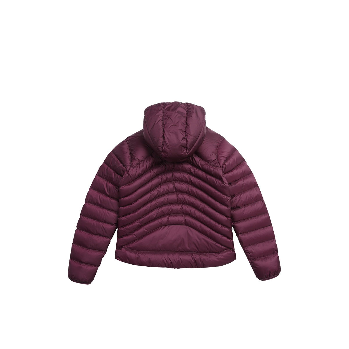 Back view of a deep plum hooded puffer jacket with curved quilted channels.