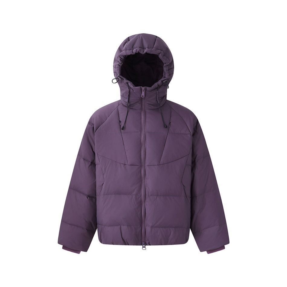 Purple hooded quilted puffer jacket with front zipper and drawcord hood, front view