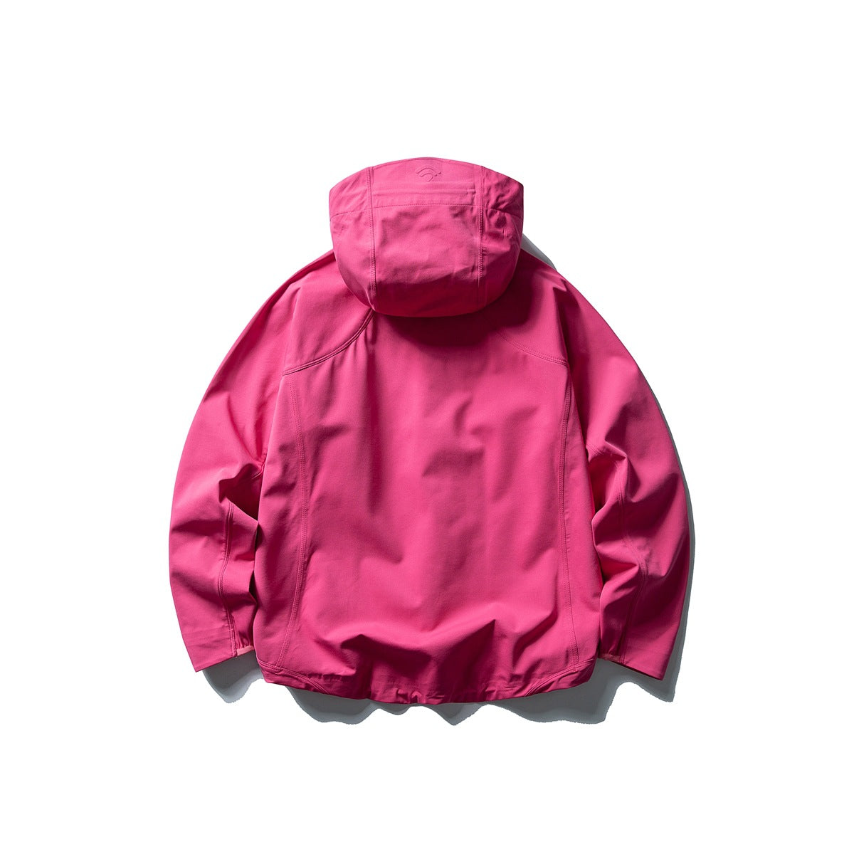 Back view of a bright pink hooded jacket with panel seams and long sleeves, laid flat against a white background.