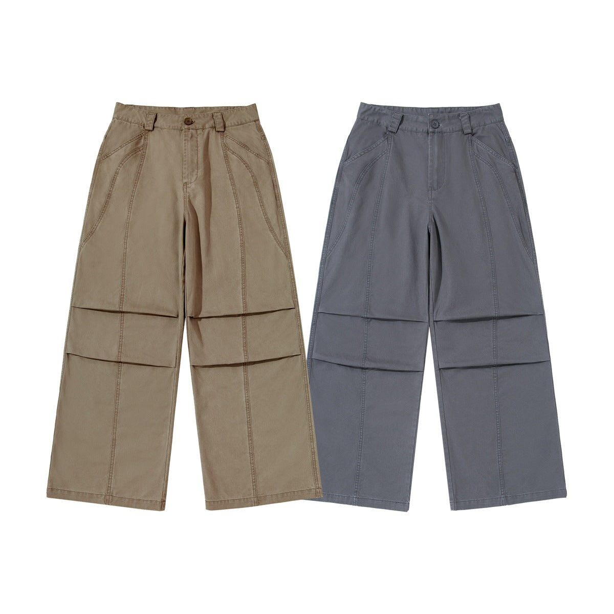 Two pairs of wide-leg trousers in taupe and slate gray, shown from the front with curved seams and horizontal pleats.