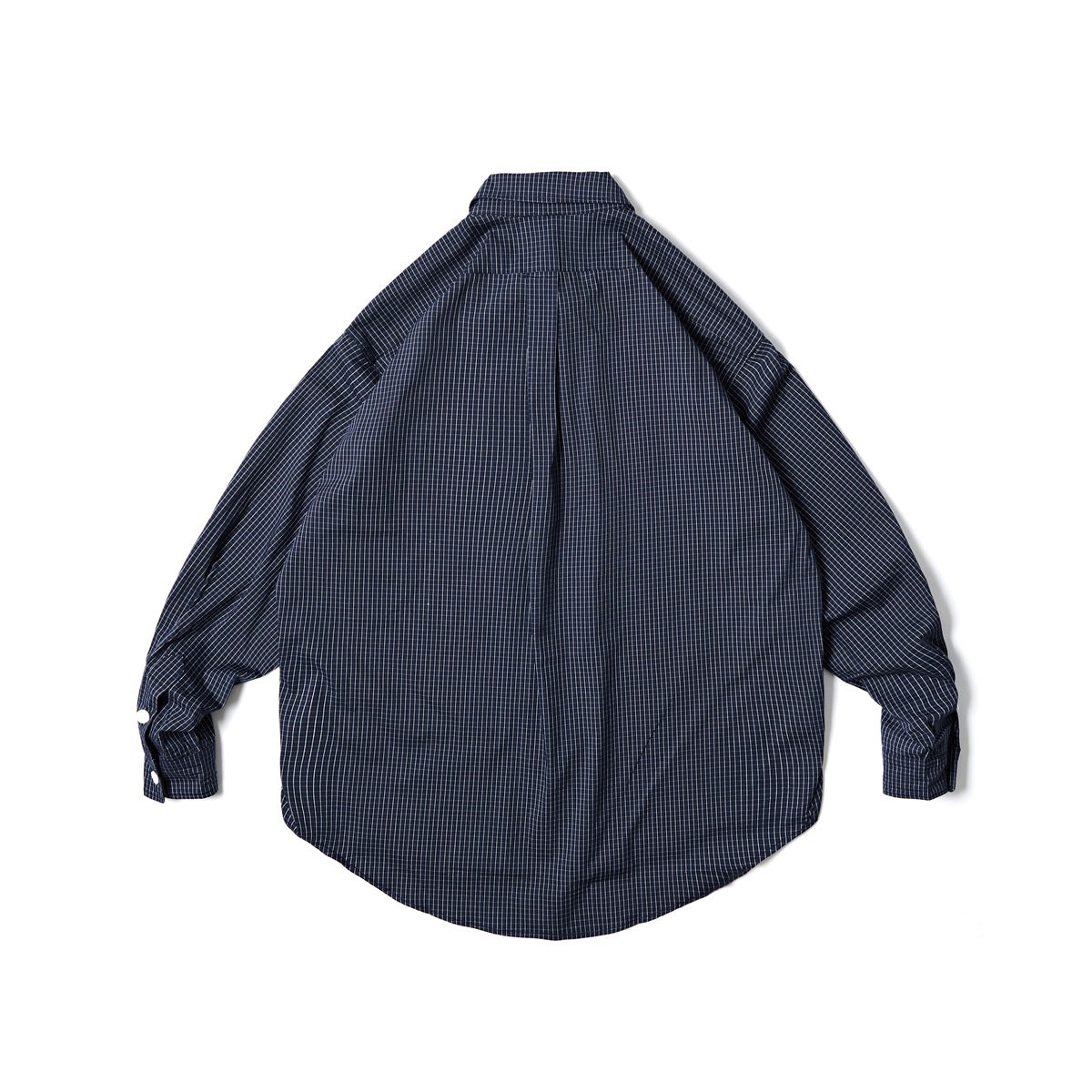 Back view of a navy long-sleeve button-up shirt with a fine light grid check and rounded hem.
