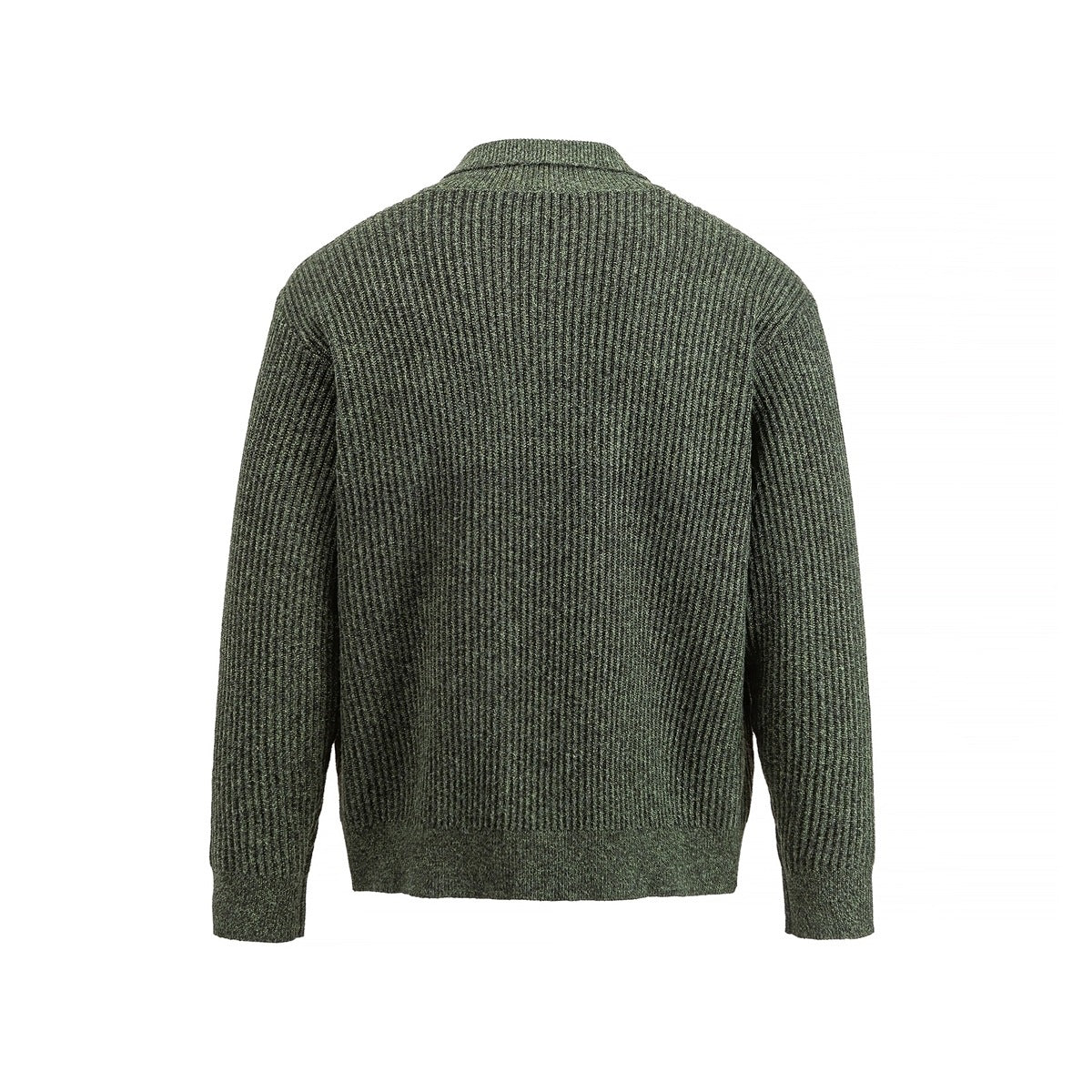Back view of an olive green rib-knit long-sleeved polo sweater on a white background.