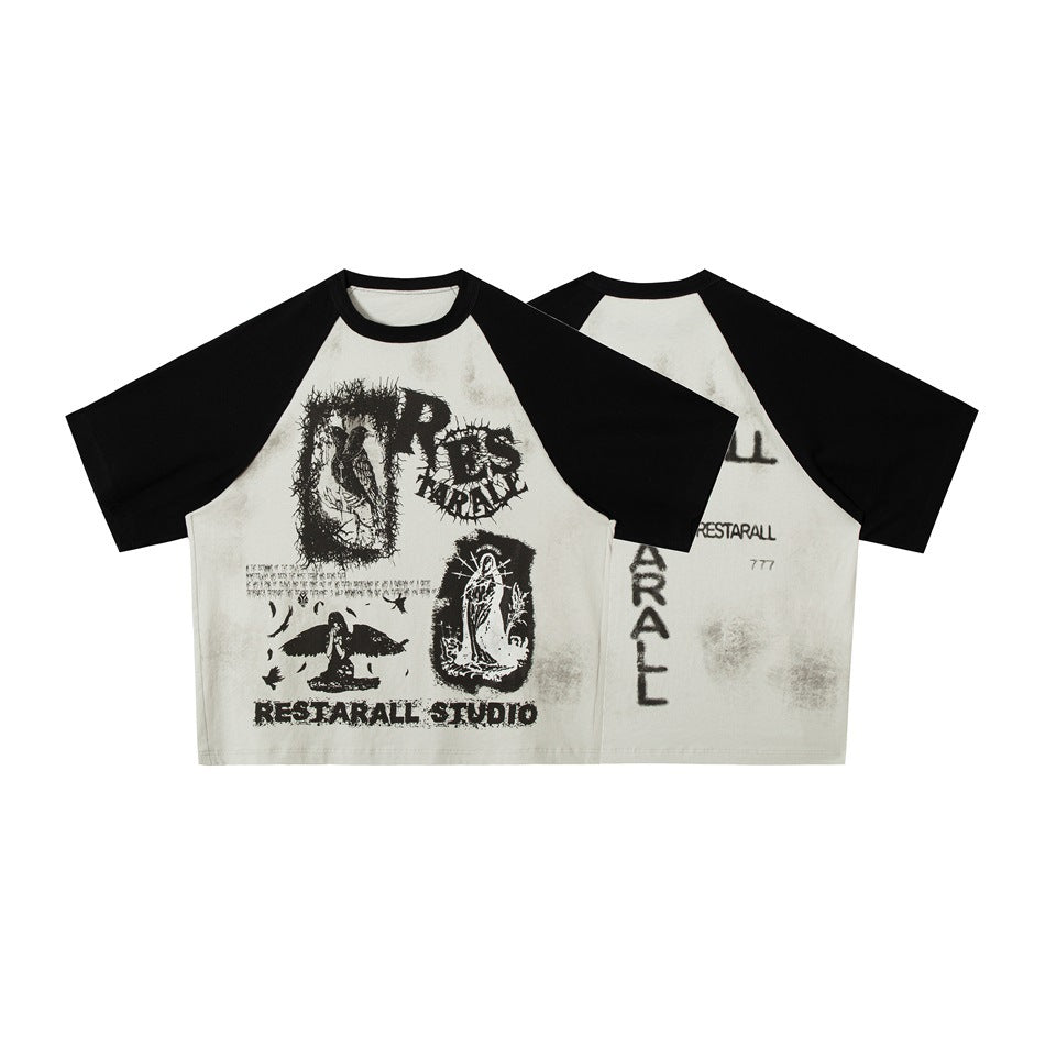 Product display of a light-gray raglan shirt with black sleeves, showing the printed front and back designs.