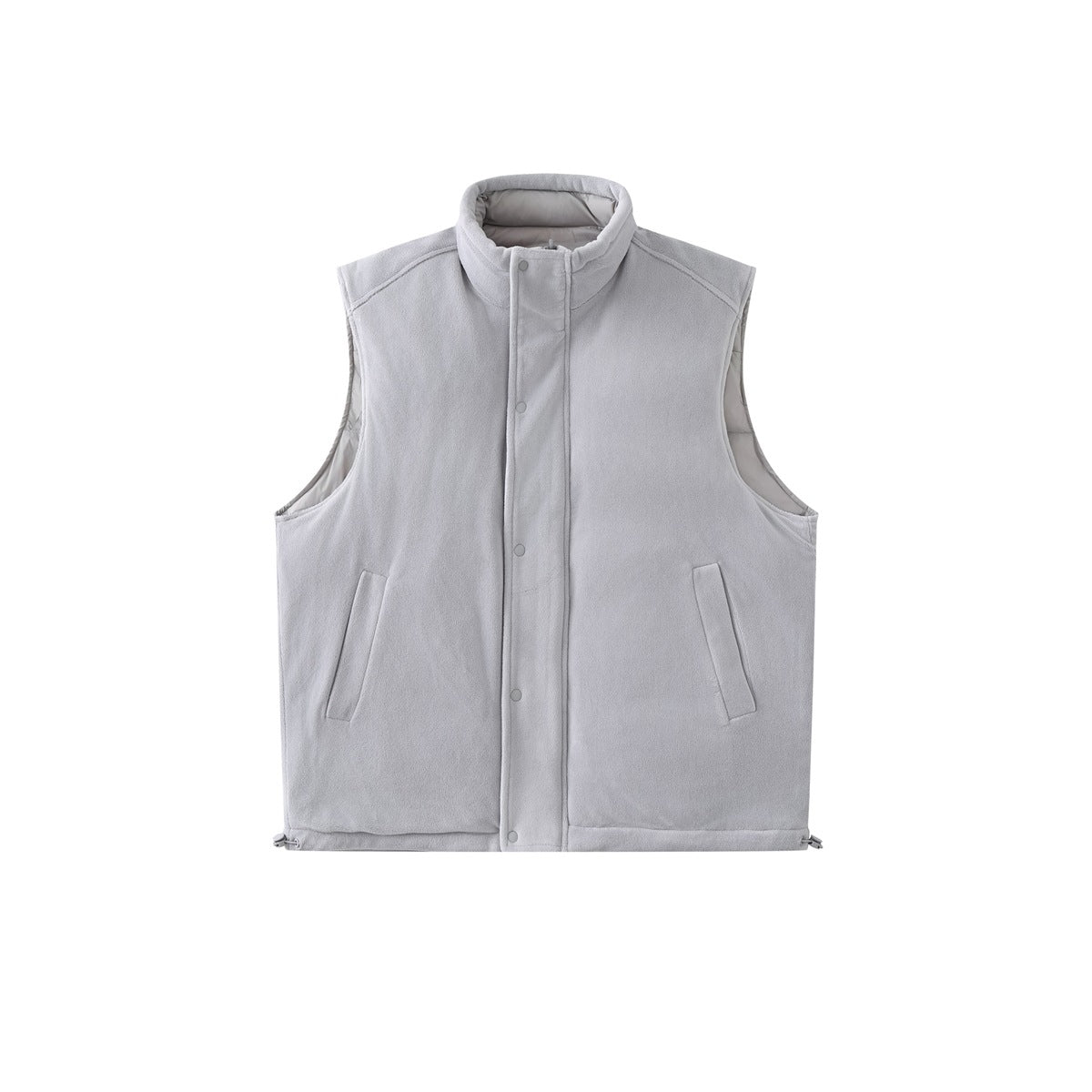 Front view of a light gray sleeveless fleece vest with a stand collar, snap-front placket, and two slanted pockets.