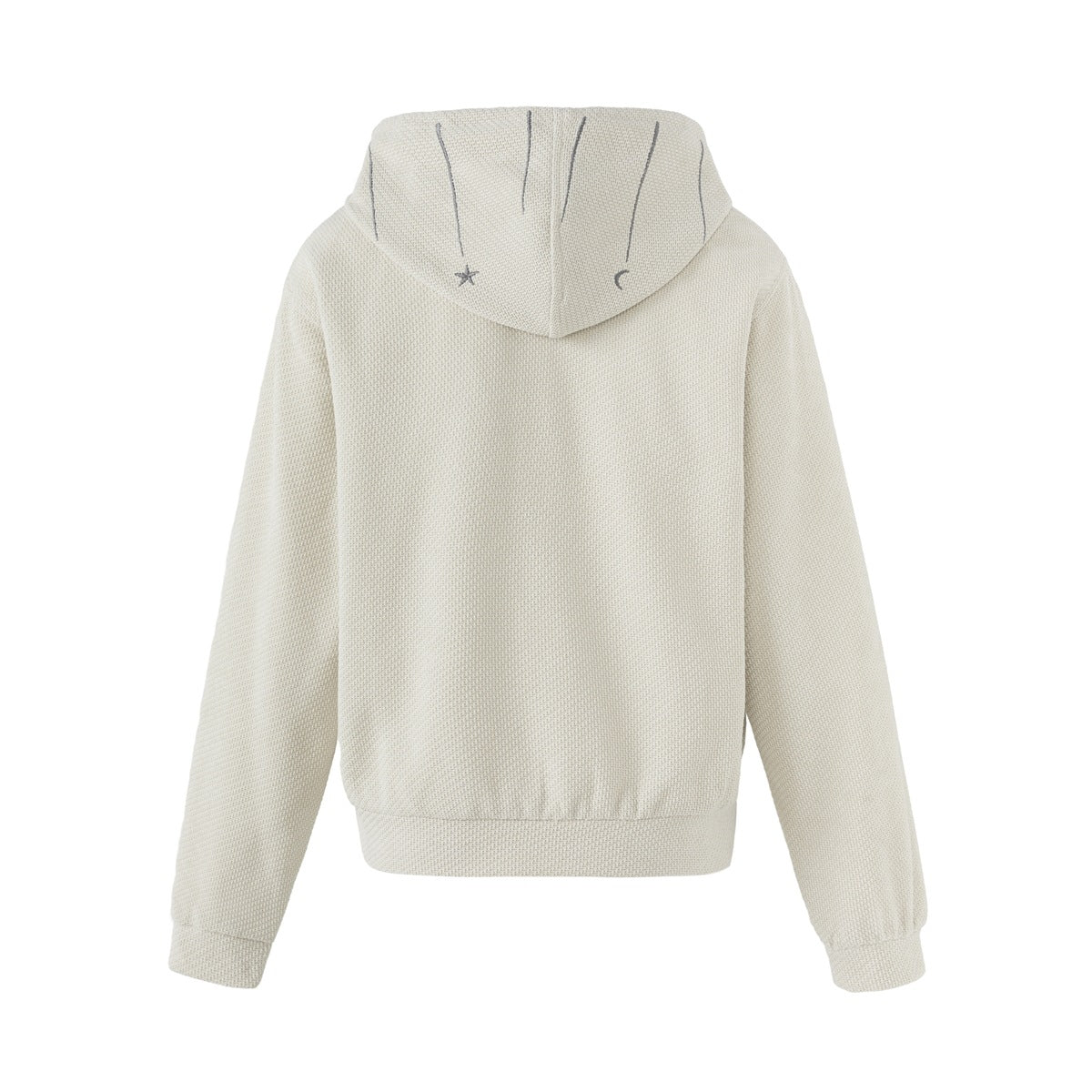 Back view of an ivory hooded jacket with gray line and celestial details on the hood.
