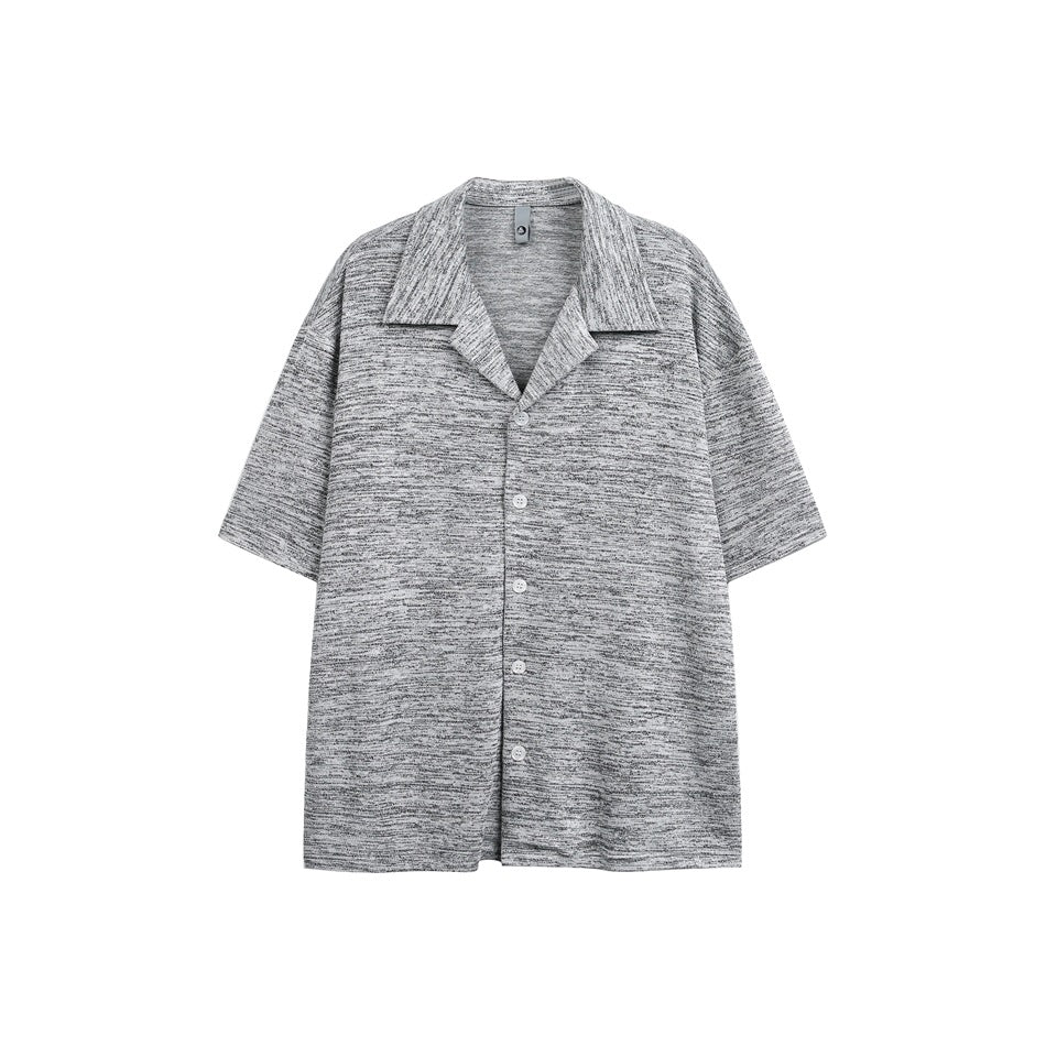 Light gray heathered short-sleeve button-up shirt with camp collar and white buttons, flat front view