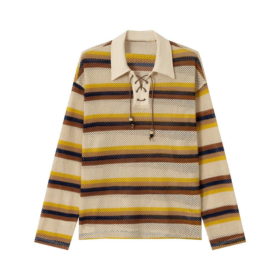 Beige open-mesh polo top with yellow, brown and navy stripes, lace-up collar placket and beaded cords, flat front view
