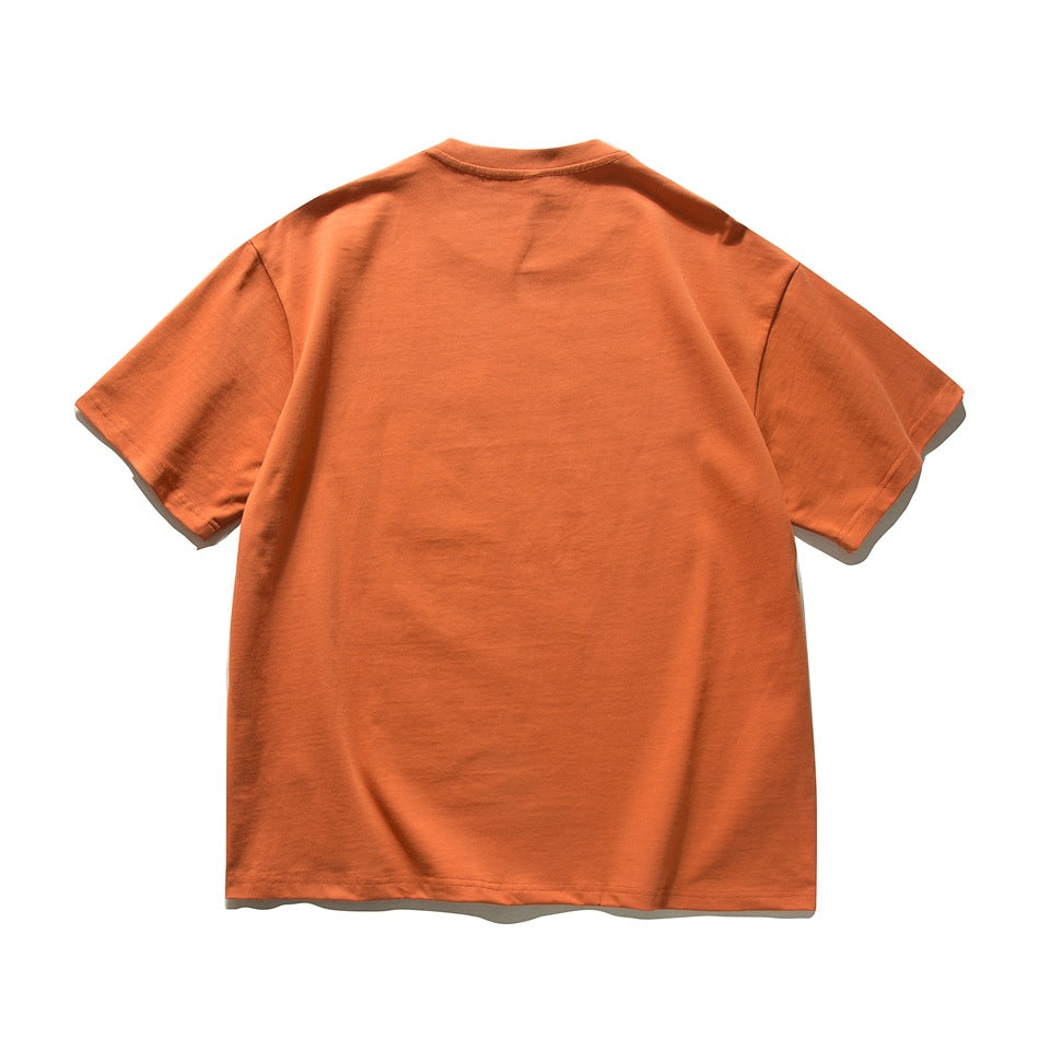 Back view of a plain orange short-sleeve crew-neck T-shirt laid flat.