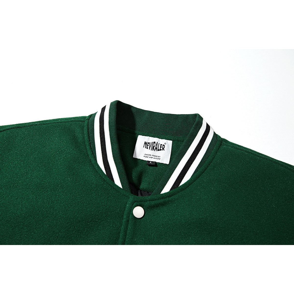 Close-up of a dark green varsity jacket collar with striped trim, a white snap, and a branded neck label.