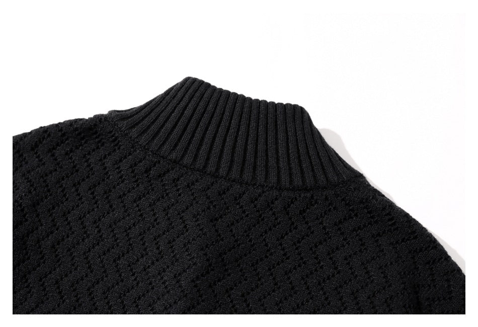 Close-up of a black ribbed high collar and textured knit body.