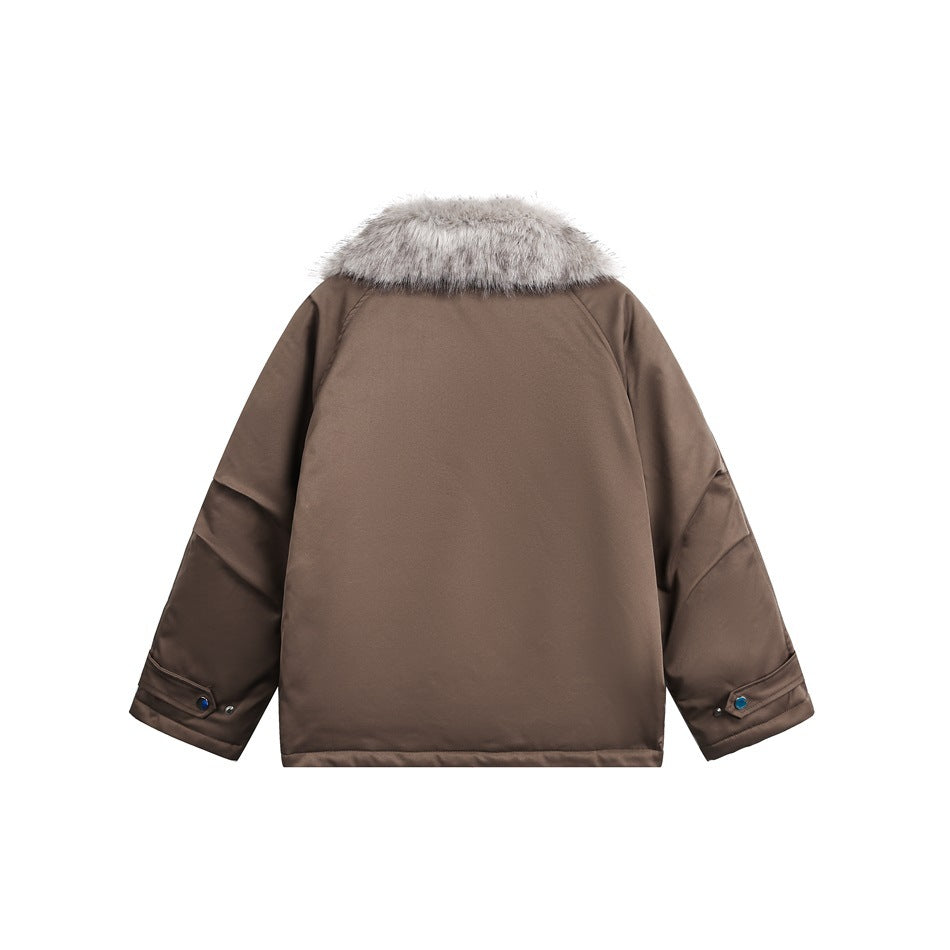 Back view of a taupe-brown jacket with a pale gray fur collar and buttoned cuff tabs.