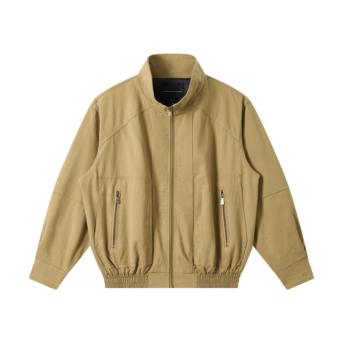 Khaki stand-collar zip jacket flat lay with two large zip-detail front pockets and elastic hem