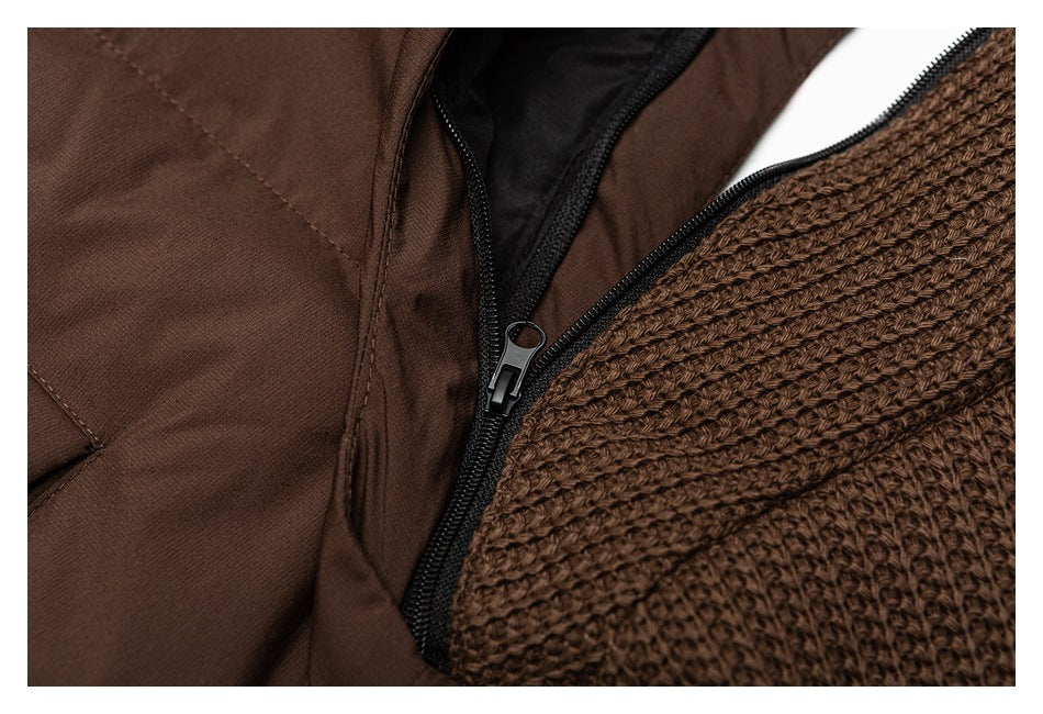 Close-up of a black zipper between brown jacket fabric and a chunky brown knit panel.