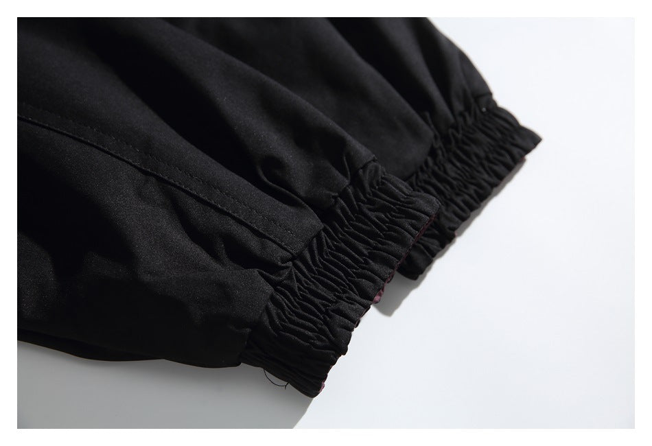 Close-up of two gathered elastic cuffs on a black garment.