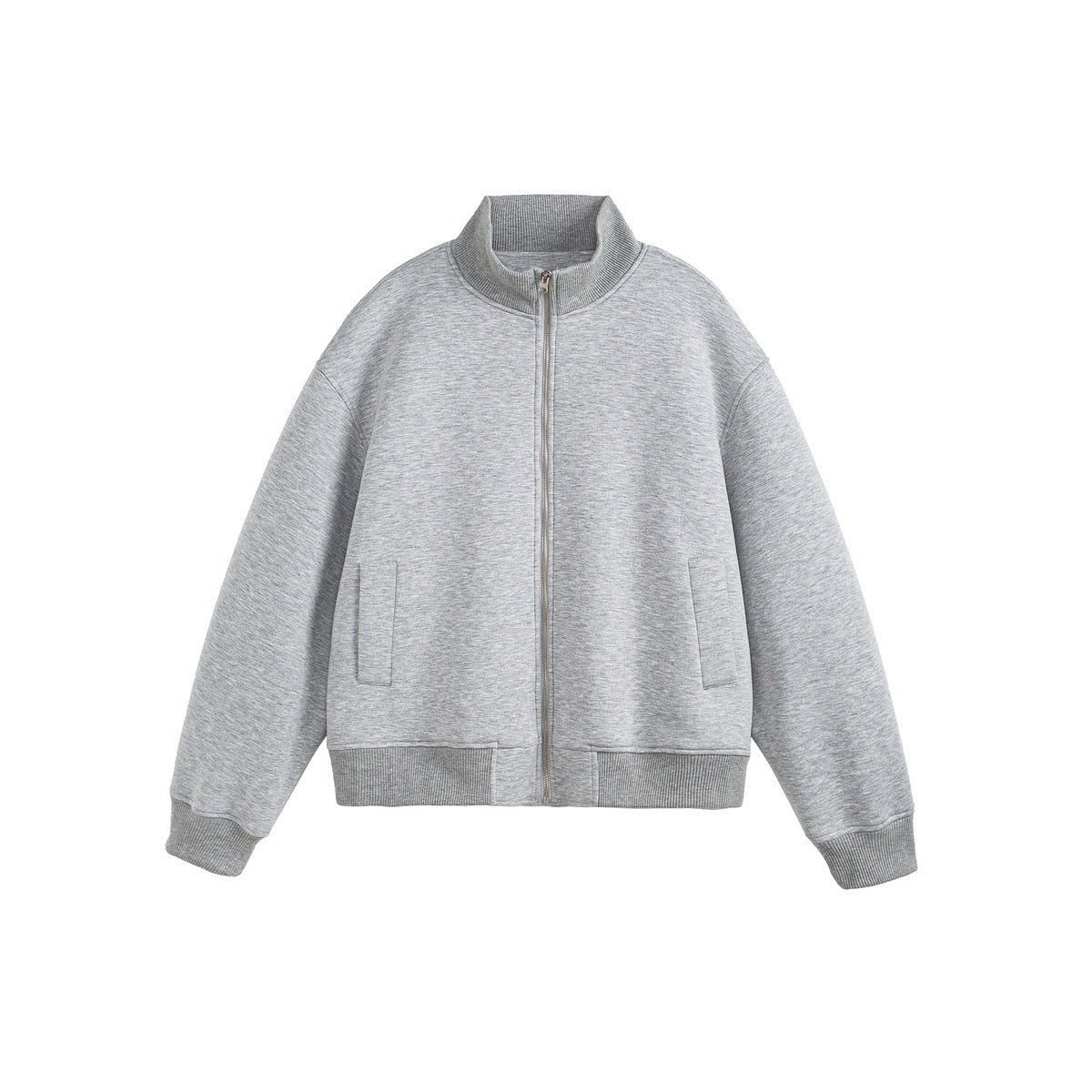 Heather gray zip-up jacket with stand collar, front pockets and ribbed trim, flat front view