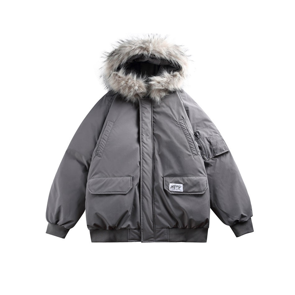 Gray hooded bomber jacket with fur-look hood trim, flap pockets, sleeve zip pocket and ribbed cuffs, flat front view
