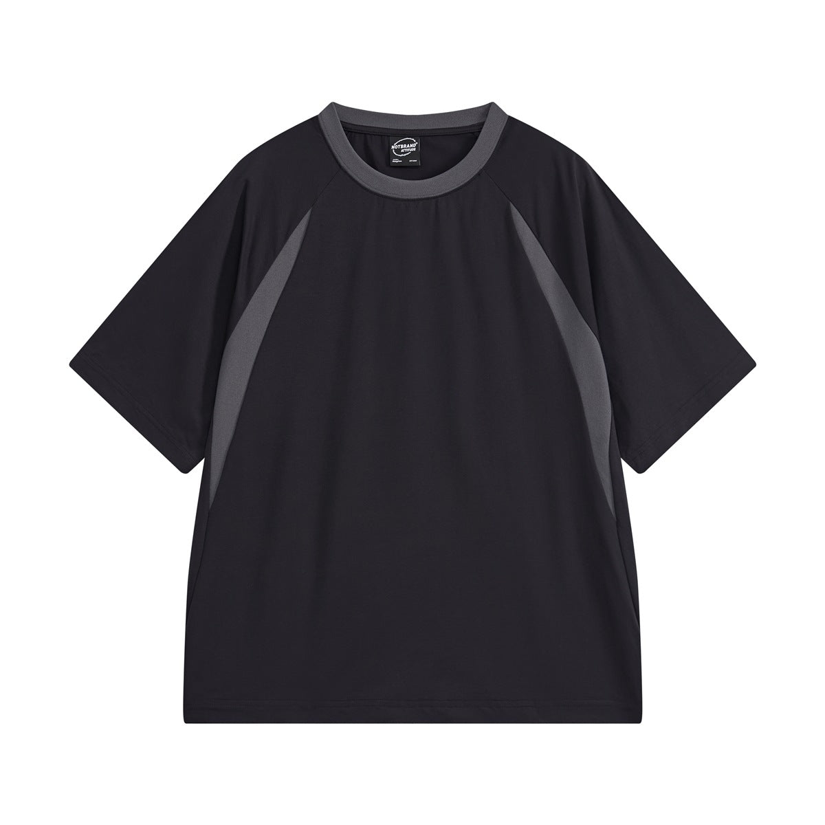 Front view of a charcoal short-sleeve T-shirt with a gray ribbed crew neck and curved gray side panels.