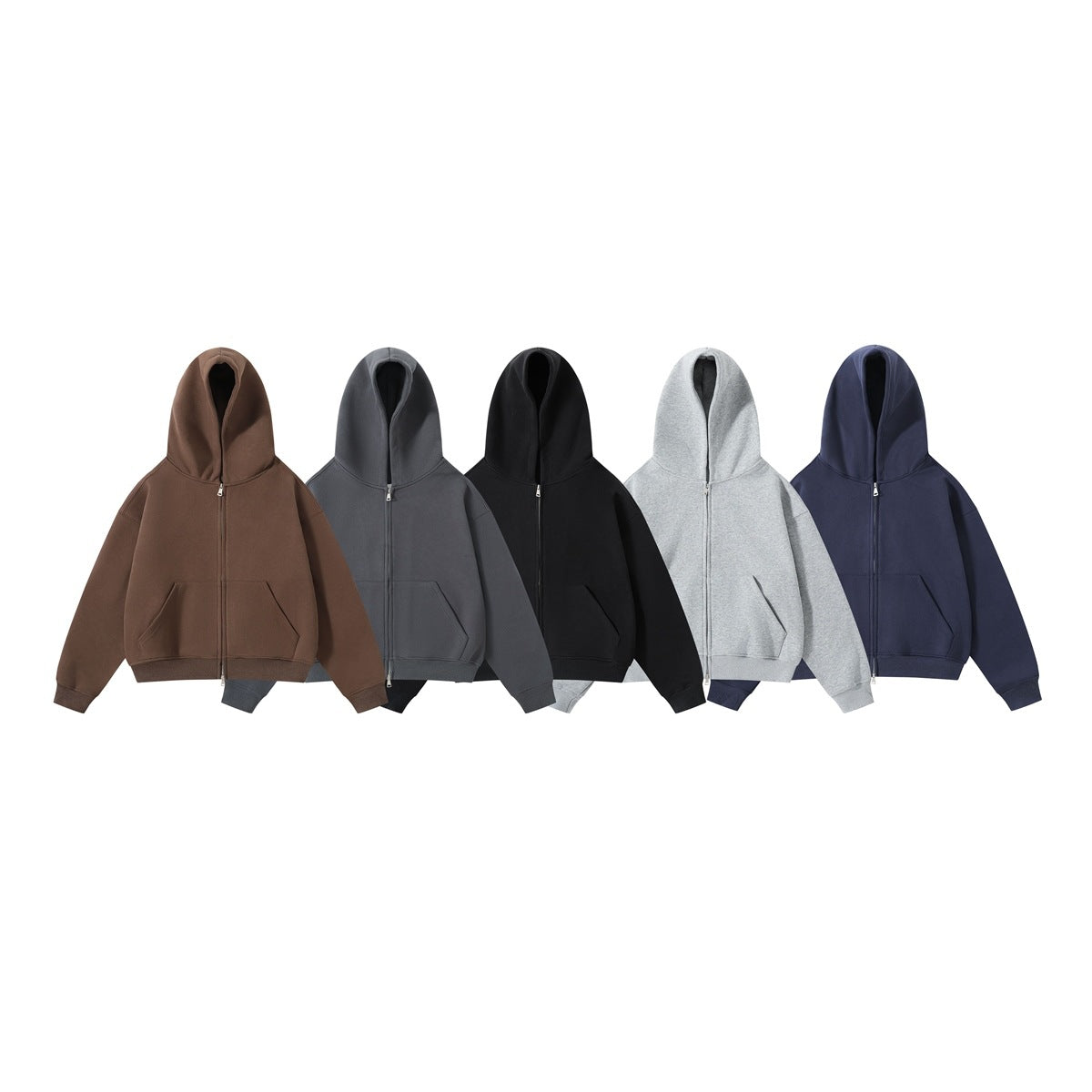 Five full-zip hoodies in brown, dark gray, black, heather gray and navy laid flat side by side