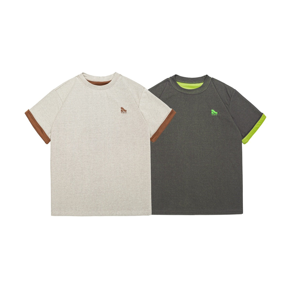 Front view of two short-sleeve crew-neck shirts: cream with brown trim and charcoal with bright green trim.