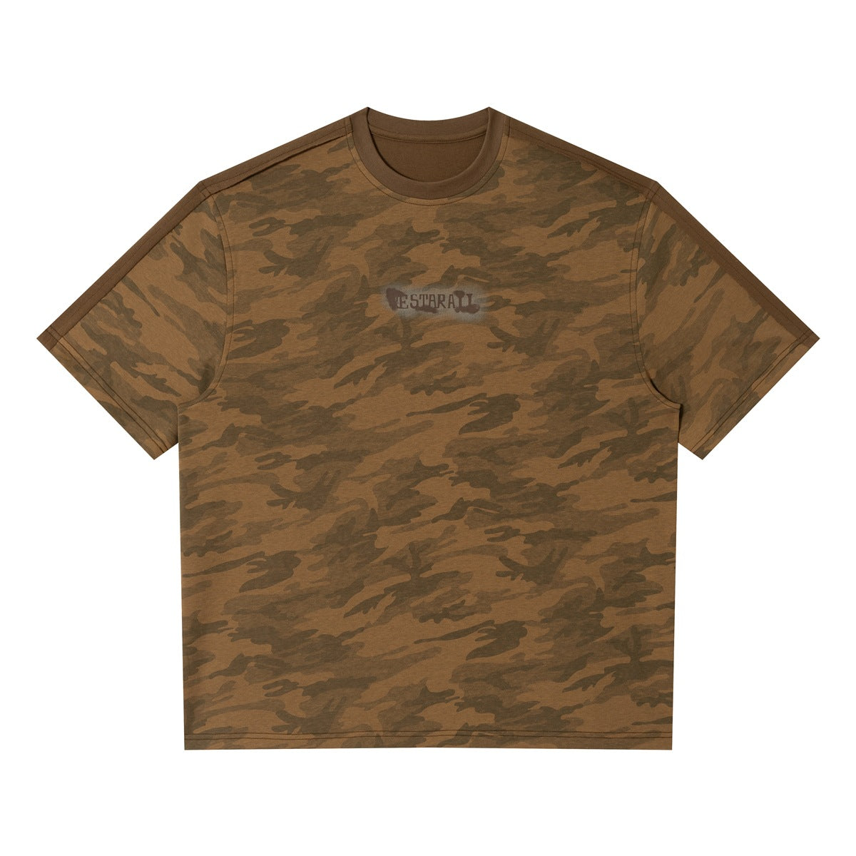 Brown camouflage short-sleeve crewneck T-shirt flat lay with solid brown shoulder panels and collar