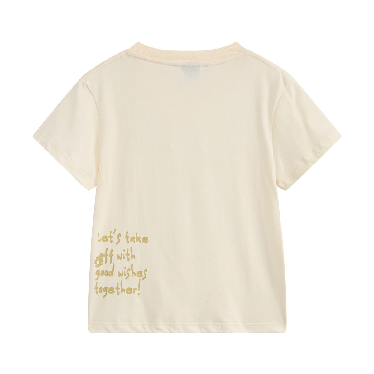 Back view of a cream short-sleeve T-shirt with small gold English lettering near the lower left.