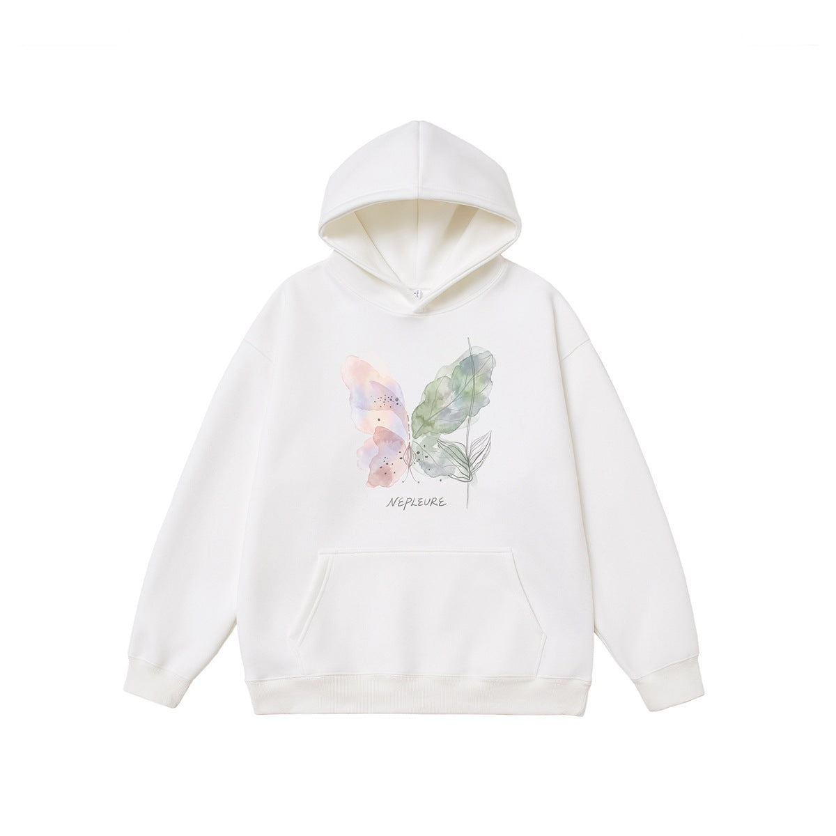 White pullover hoodie flat lay with watercolor butterfly and leaf print, kangaroo pocket and ribbed cuffs