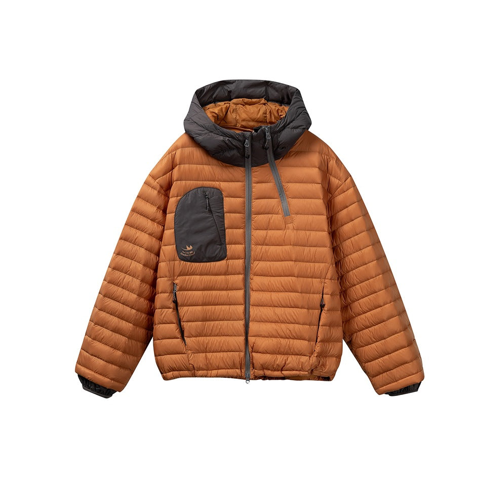 Orange quilted hooded puffer jacket with dark gray hood, chest pocket and cuffs, front view on white background