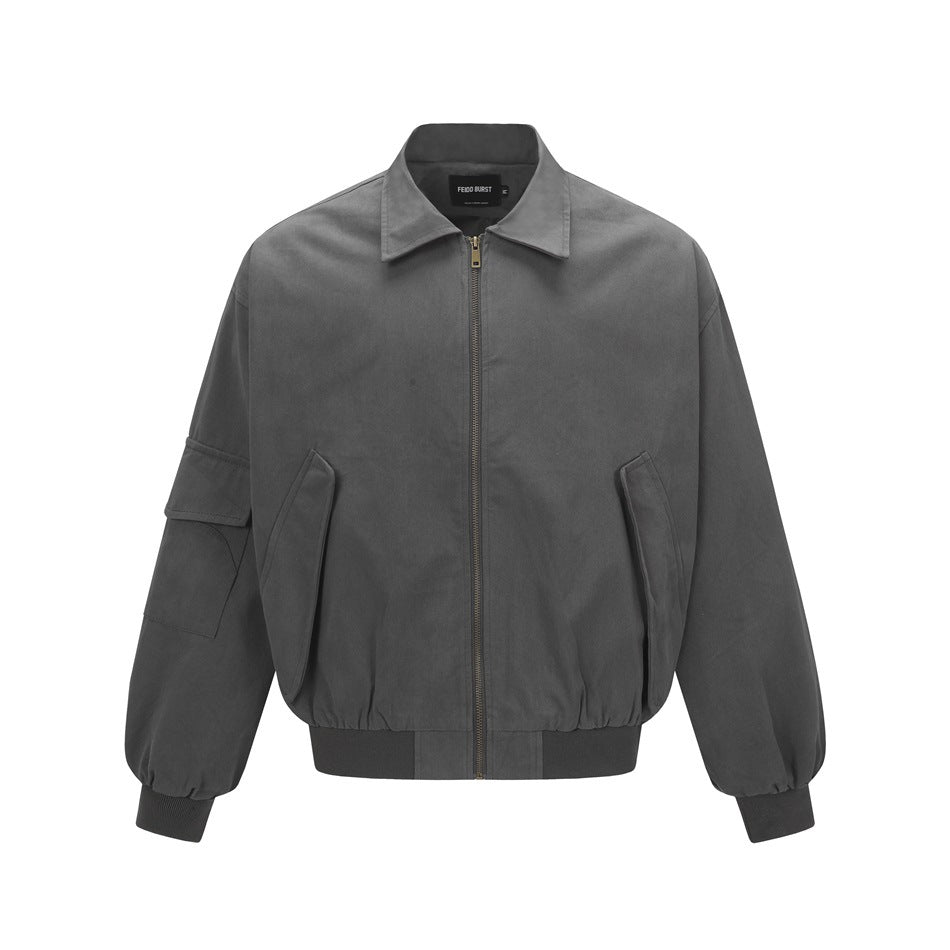 Gray bomber-style jacket with collar, front zipper, flap pockets and ribbed hem and cuffs, front flat view
