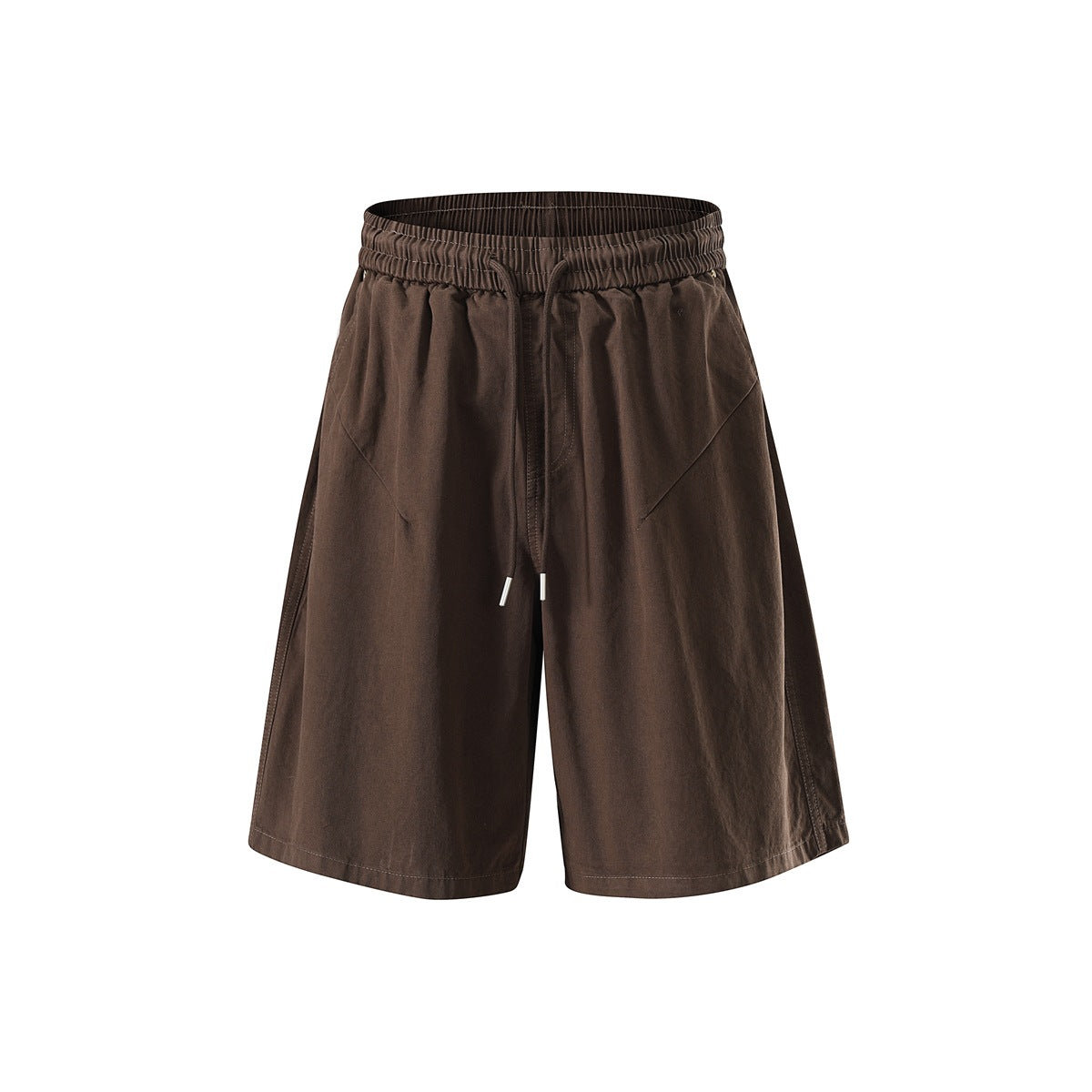 Coffee brown wide-leg shorts with drawstring elastic waist and contrast stitching, front view