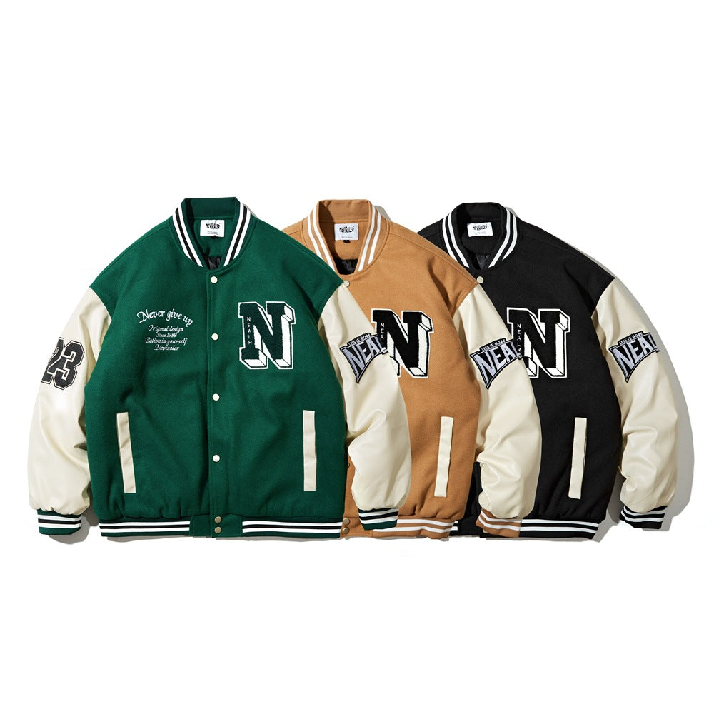 Green, tan, and black varsity jackets with ivory sleeves, striped ribbing, snap fronts, and embroidered patches.