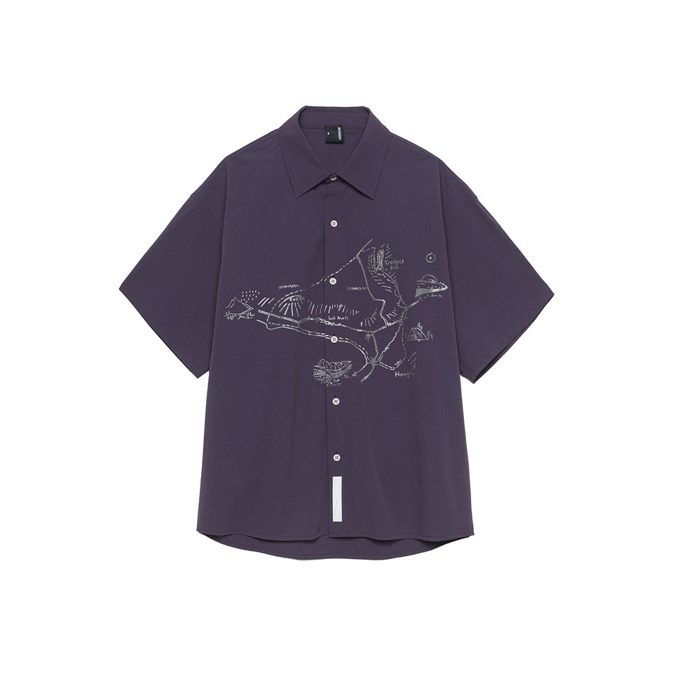 Purple short-sleeve button-up shirt with silver-gray map-style graphic print on the front, flat view