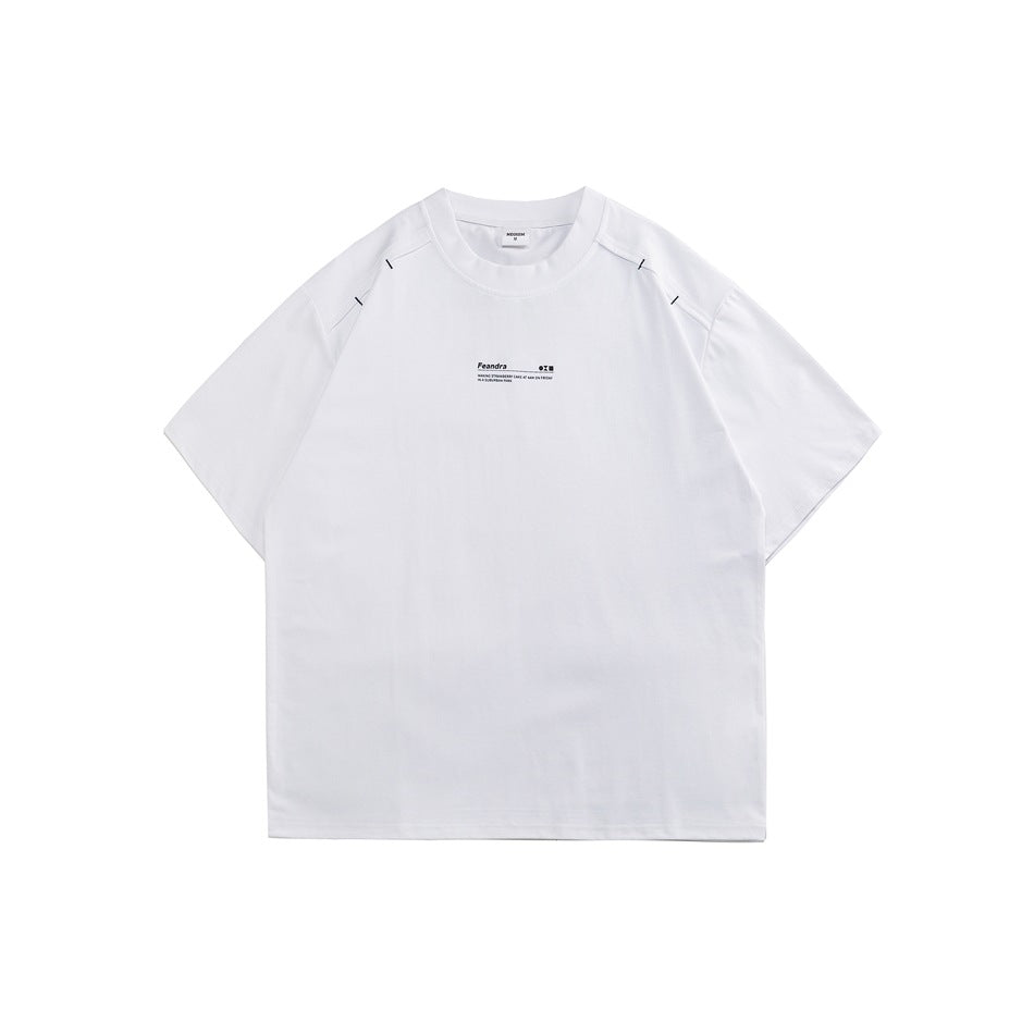 White short-sleeve crew-neck T-shirt flat lay with shoulder seam detail and small chest text print