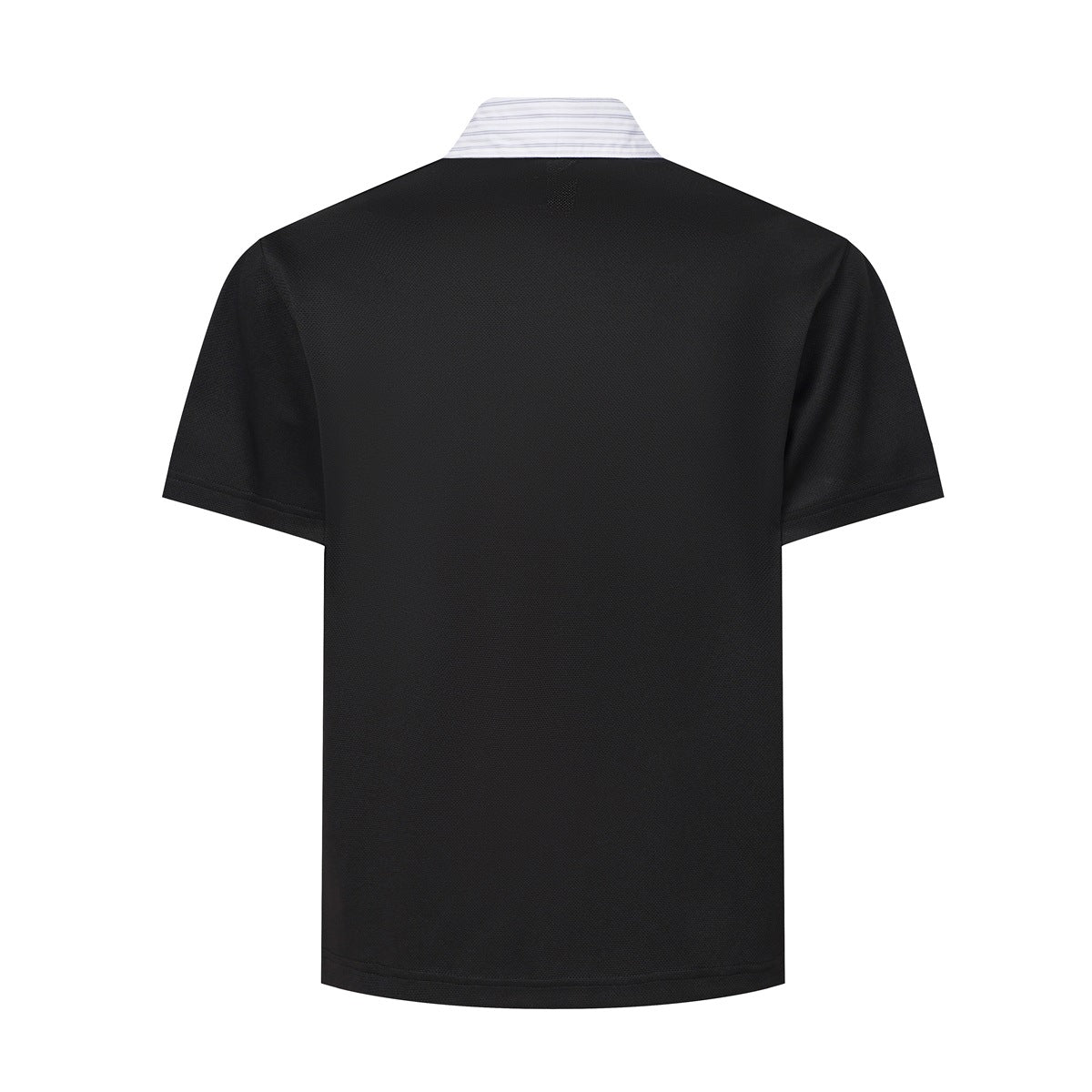 Back view of a black short-sleeve polo with a white striped collar.