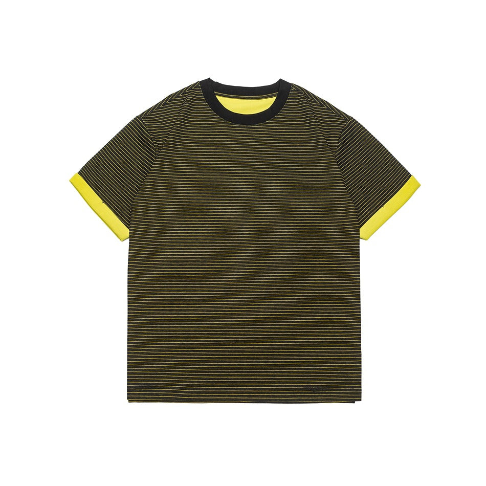 Black and yellow striped crew-neck T-shirt with yellow contrast cuffs and yellow inner neck, flat front view