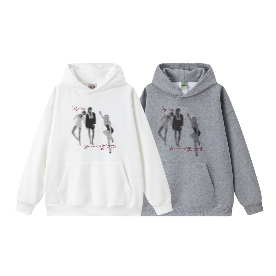 White and heather gray pullover hoodies with kangaroo pockets and matching figure-and-script chest graphics.