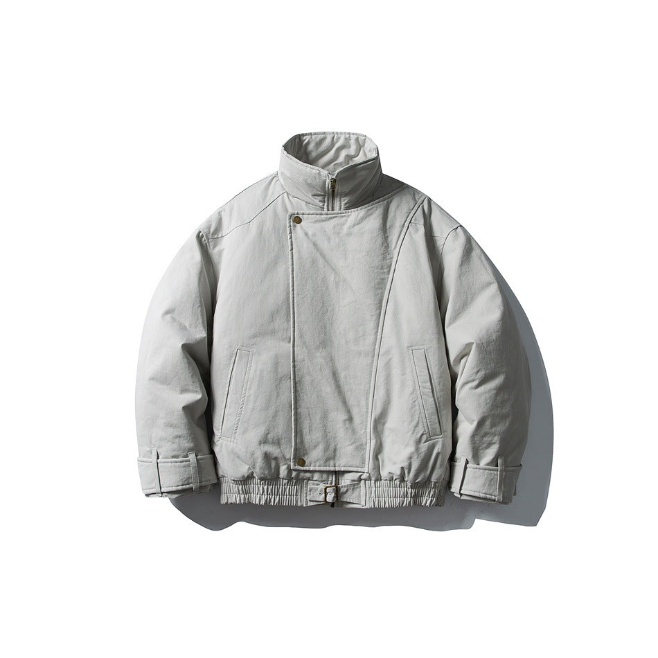 Light gray stand-collar jacket with neck zipper, asymmetric snap front, buckle cuffs and elastic hem, flat view