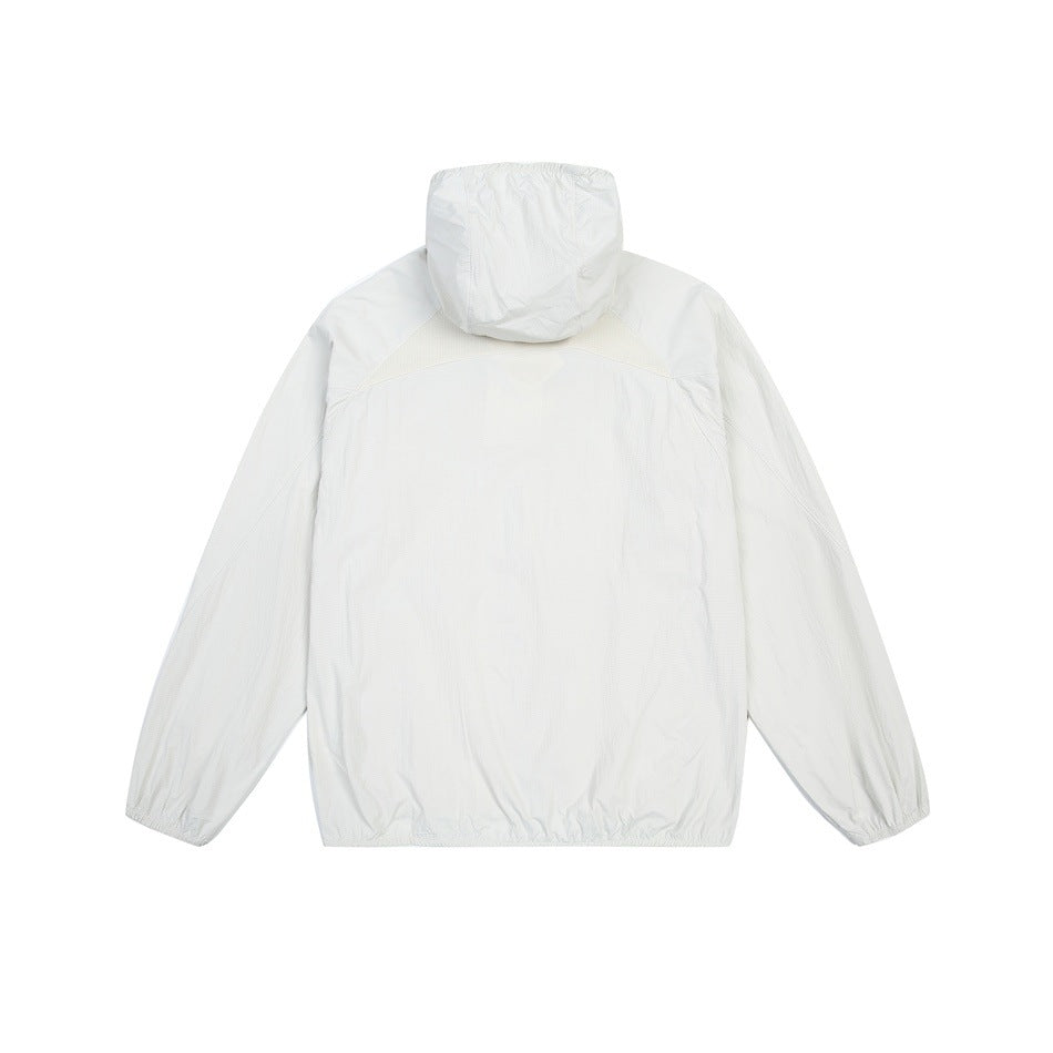 Back view of a white hooded jacket with long sleeves and elasticized cuffs and hem.